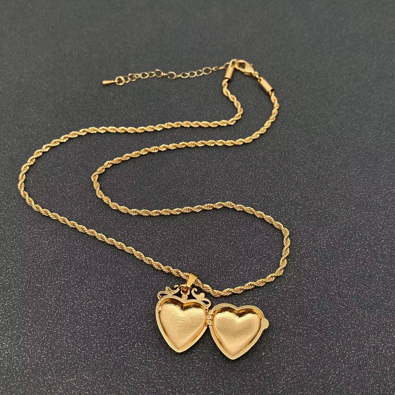 Floral Heart Locket on Rope Chain - 18K Gold-plate