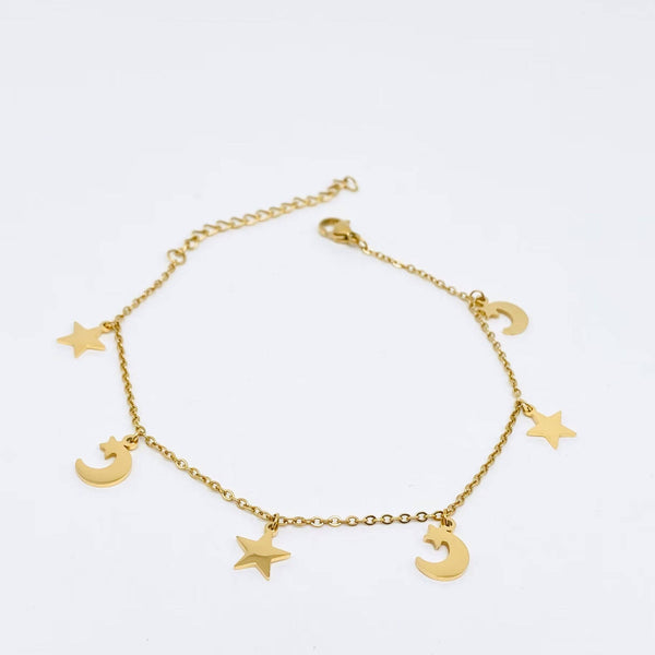 Moon & Star Dangly Stainless Steel Anklet