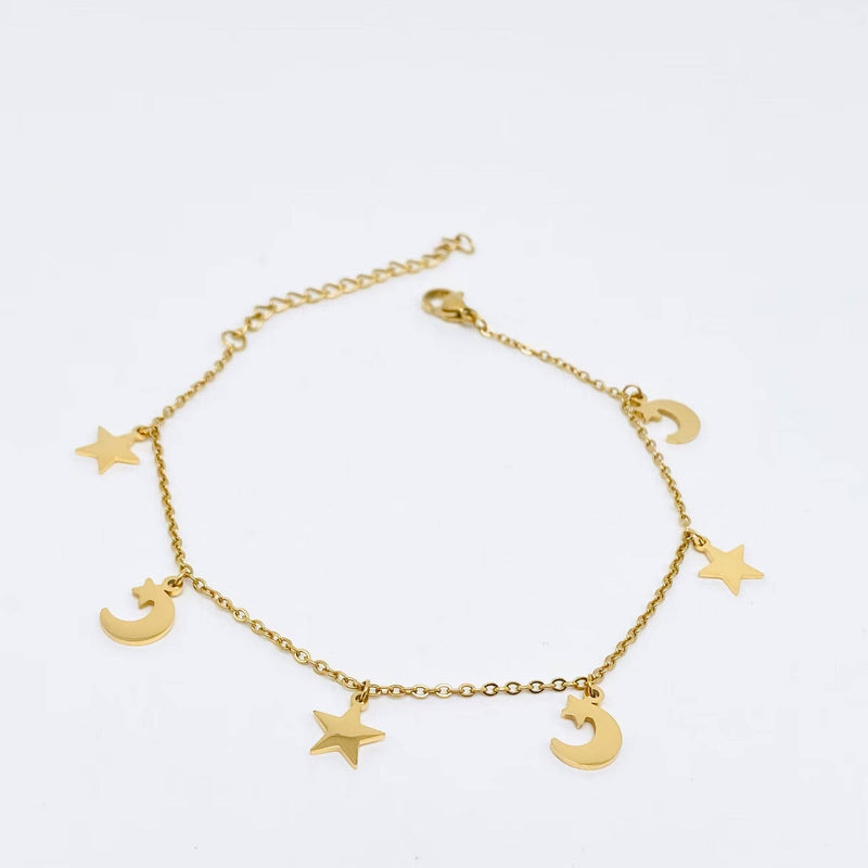 Moon & Star Dangly Stainless Steel Anklet