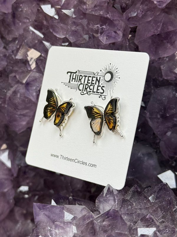 Cameo Amber Sterling Silver Butterfly Stud Earrings