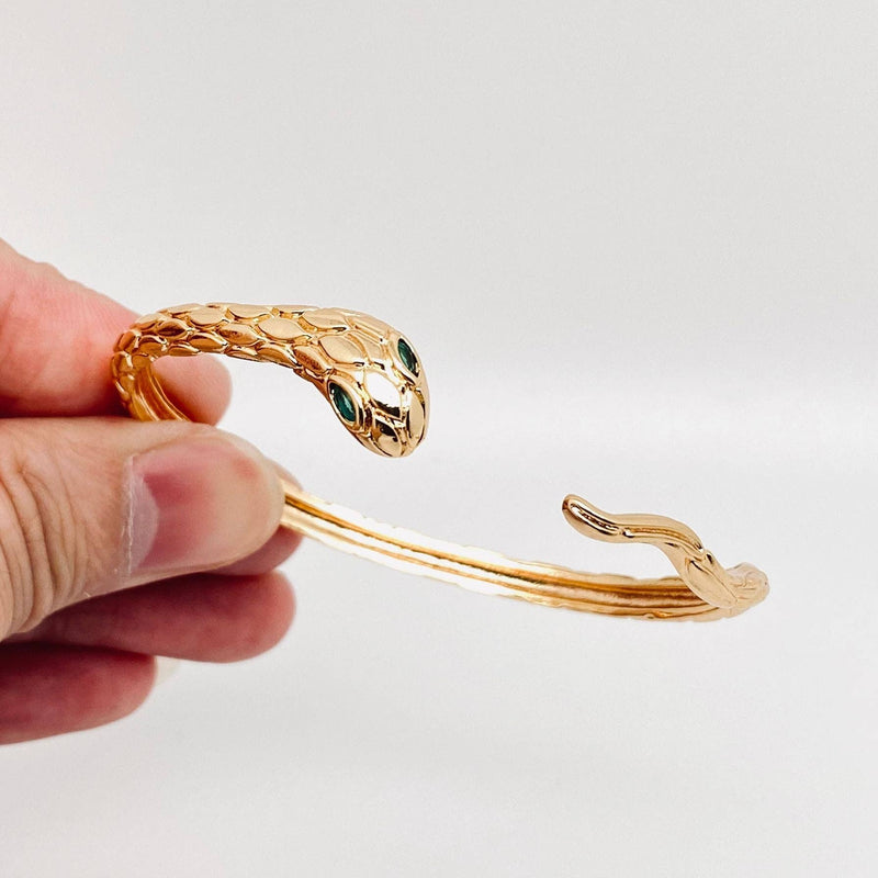 18k Gold Plated Green-eyed Snake Adjustable Cuff Bangle