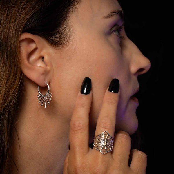 Sterling Silver Spiderweb Huggie Hoop Earrings