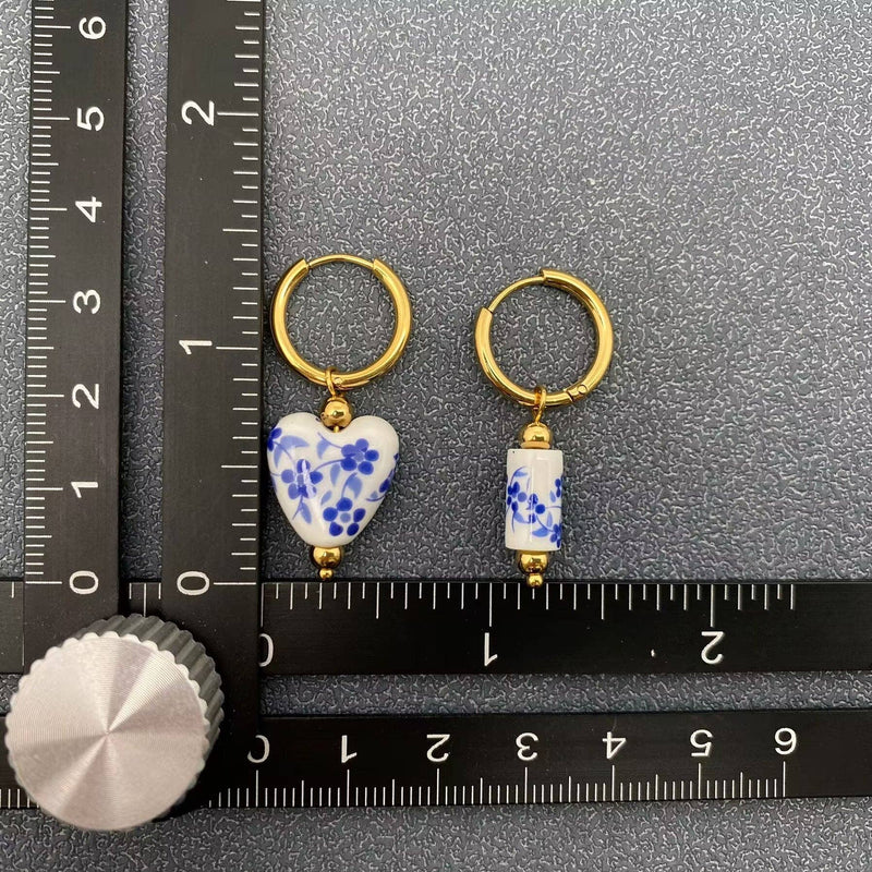 Blue and White Porcelain 18K Gold Plated Huggie Hoop Earrings