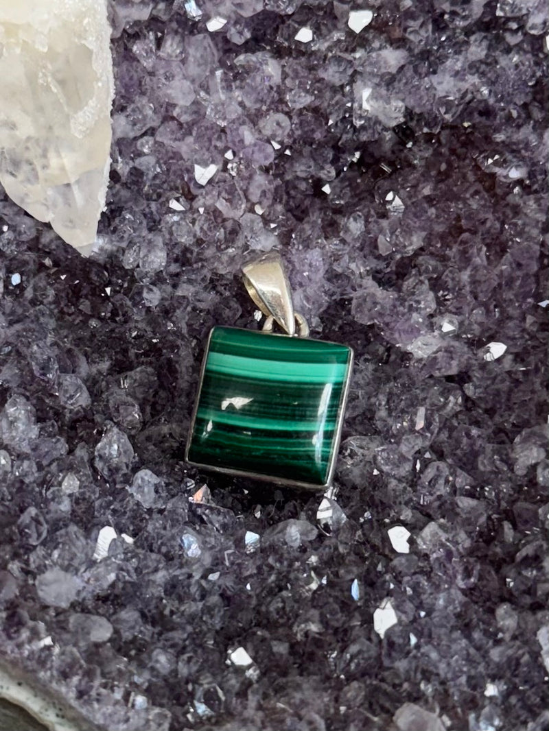 Sterling Silver Square Malachite Pendant - A