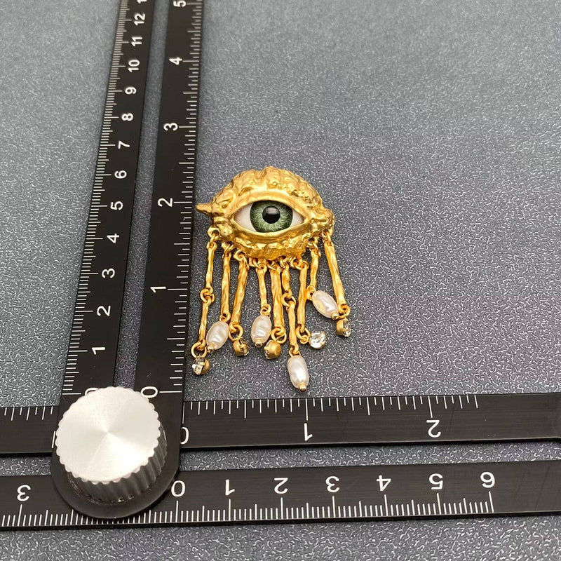18k Gold Plated Evil Eye Pearl & CZ Metal Tassel Post Earrings