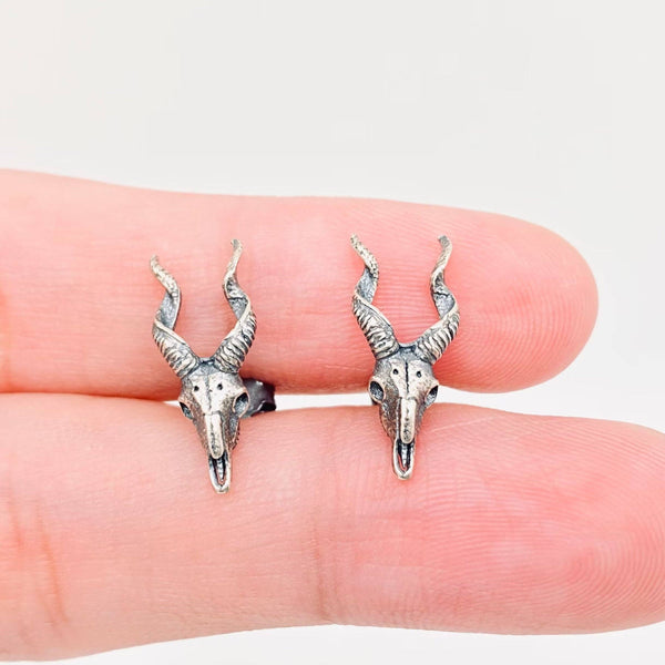 Sterling Silver Goat Skull Stud Earrings