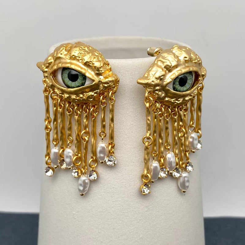 18k Gold Plated Evil Eye Pearl & CZ Metal Tassel Post Earrings