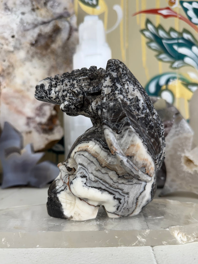 Dendritic Zebra Calcite Dragon and Skull Carving