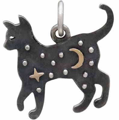 Sterling Silver Cat Charm with Bronze Star and Moon