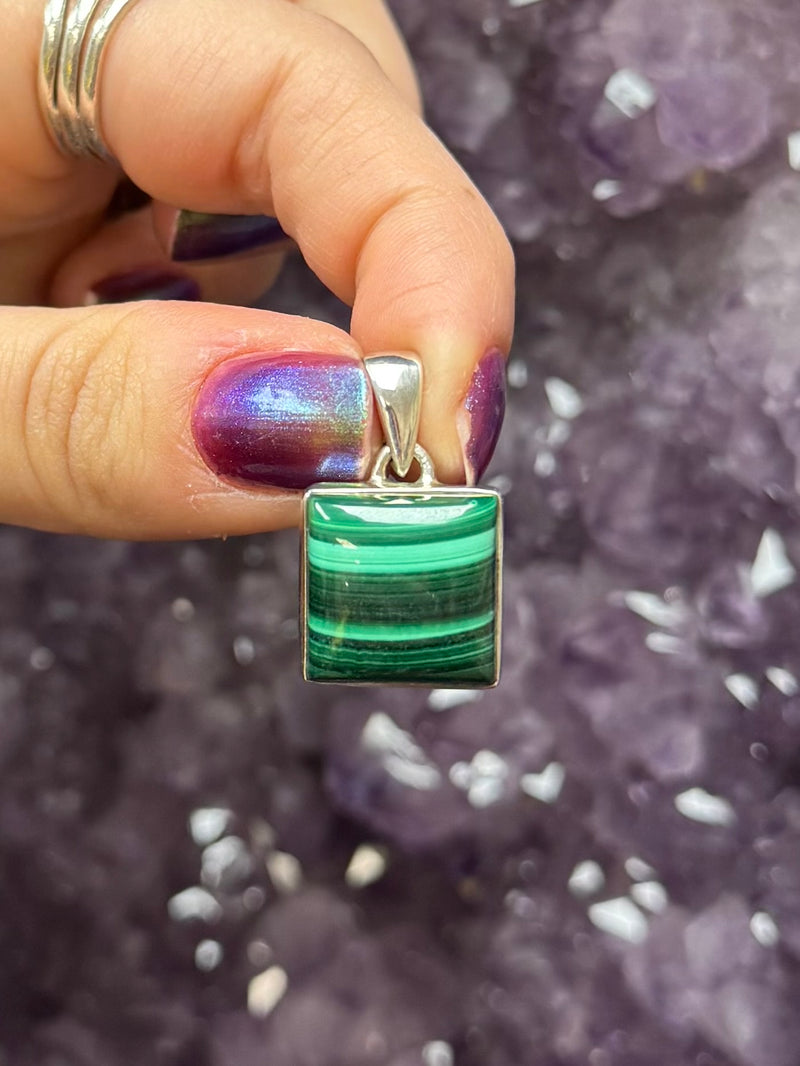 Sterling Silver Square Malachite Pendant - A