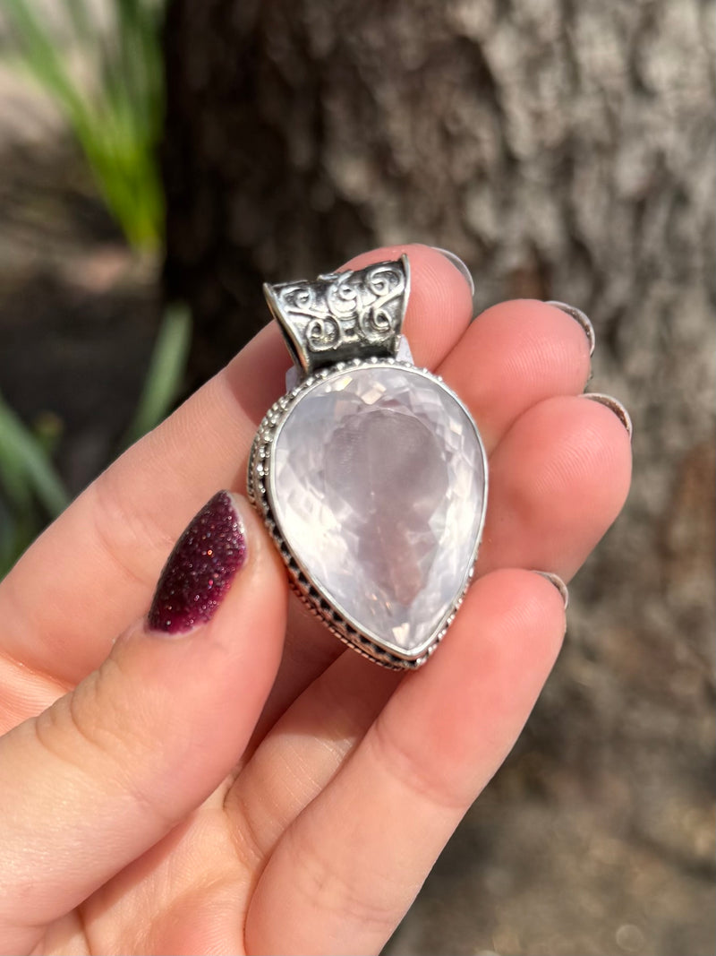Ornate Lavender Quartz Sterling Silver Teardrop Pendant