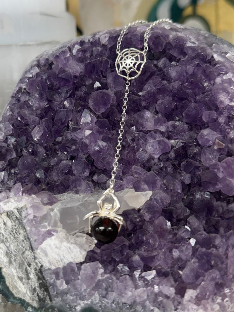 Spider on a Spider Web Necklace Cherry Amber