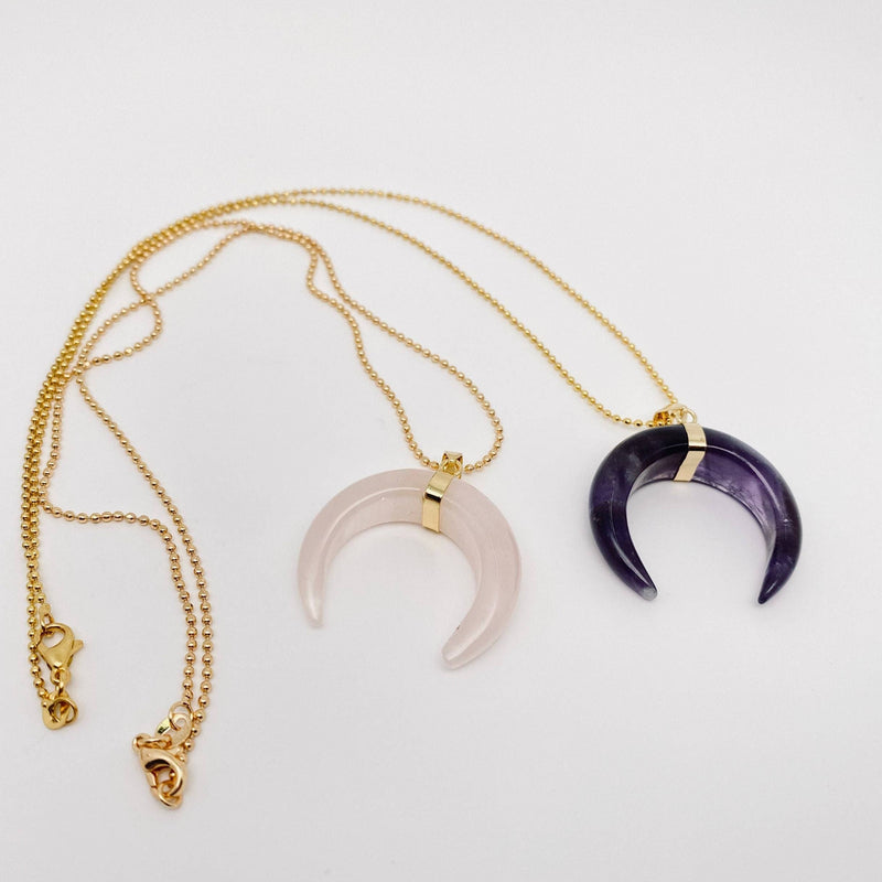 Crystal Crescent Moon Necklace - Rose Quartz
