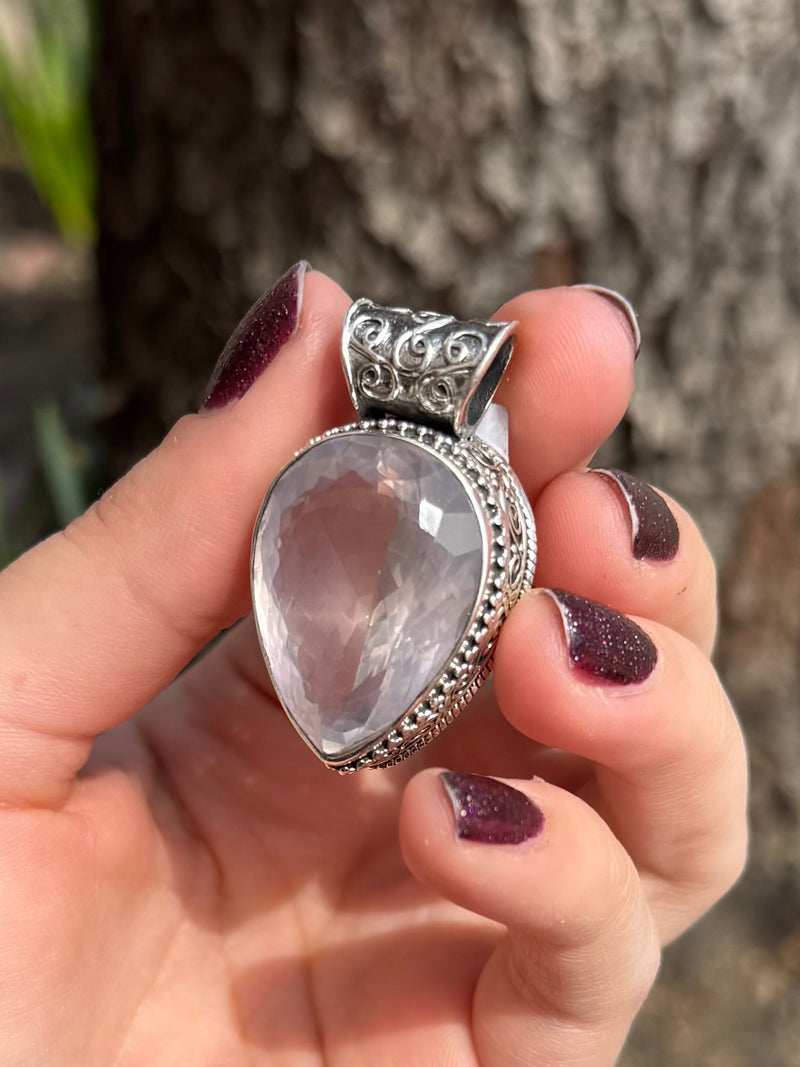 Ornate Lavender Quartz Sterling Silver Teardrop Pendant