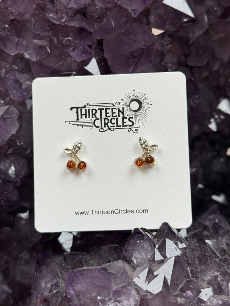 Cognac Amber Cherry Stud Earrings - Sterling Silver
