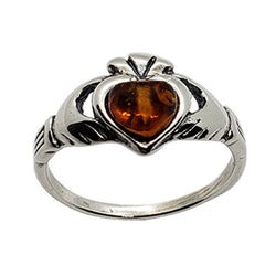Cognac Amber Sterling Silver Claddagh Ring