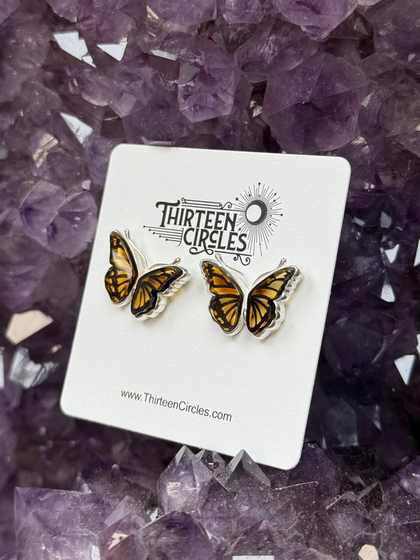 Cameo Amber Sterling Silver Butterfly Stud Earrings