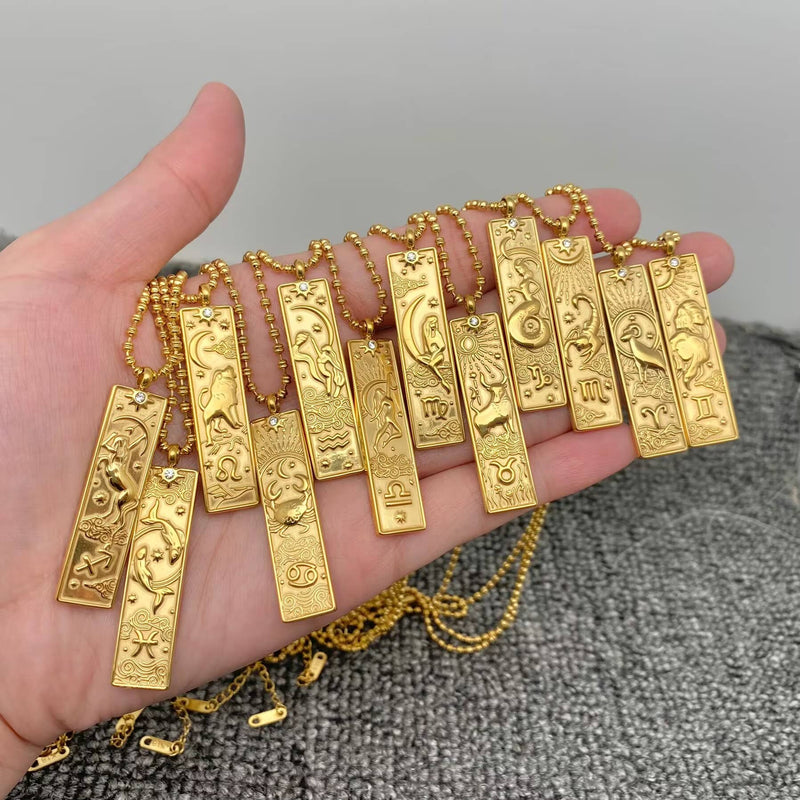 18K Gold Plated Rectangular Zodiac Sign Charm Necklace -