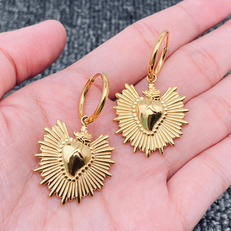 18K Gilded Sacred Heart Huggie Hoop Earrings