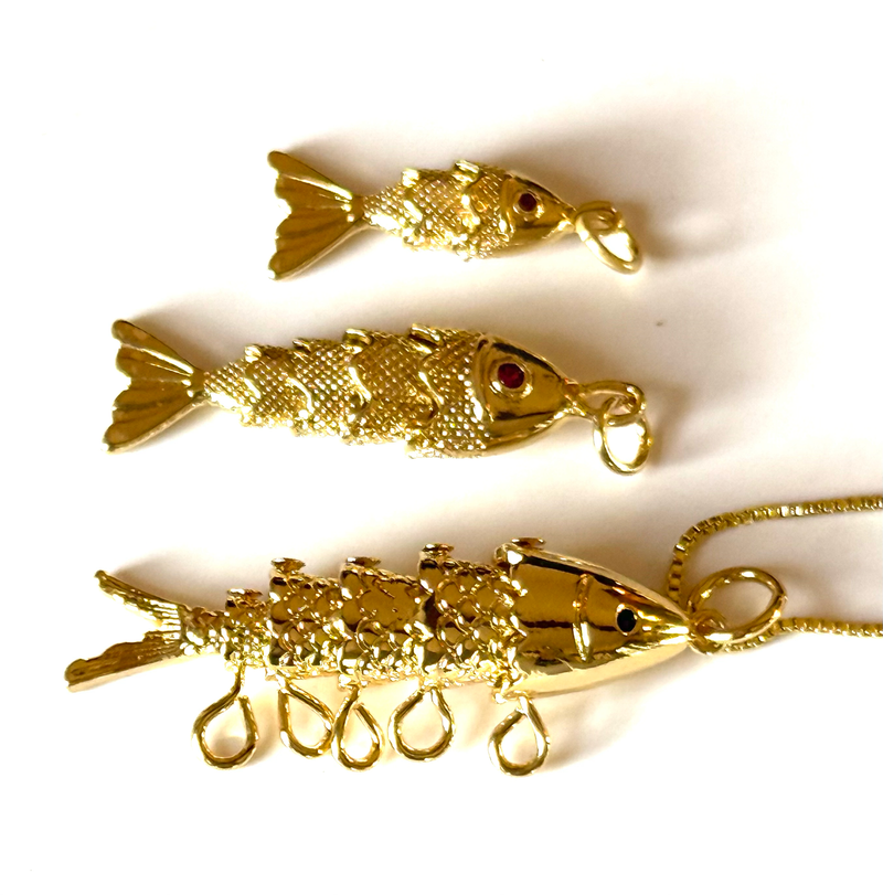 Lure- 14K Gold Steel Articulated Portuguese Fish Necklace : Large