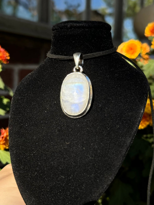 Sterling Silver Rainbow Moonstone Oval Pendant