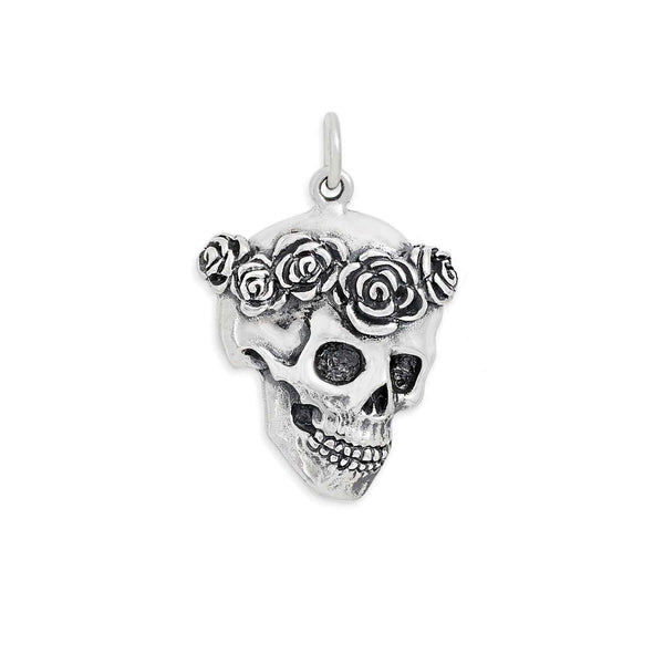 Sterling Silver Skull with Rose Crown Pendant