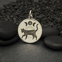 Sterling Silver Black Cat Charm with Moon Phases