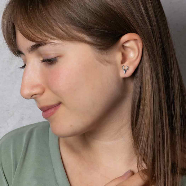 Sterling Silver Deer Skull with Antlers Post Earrings