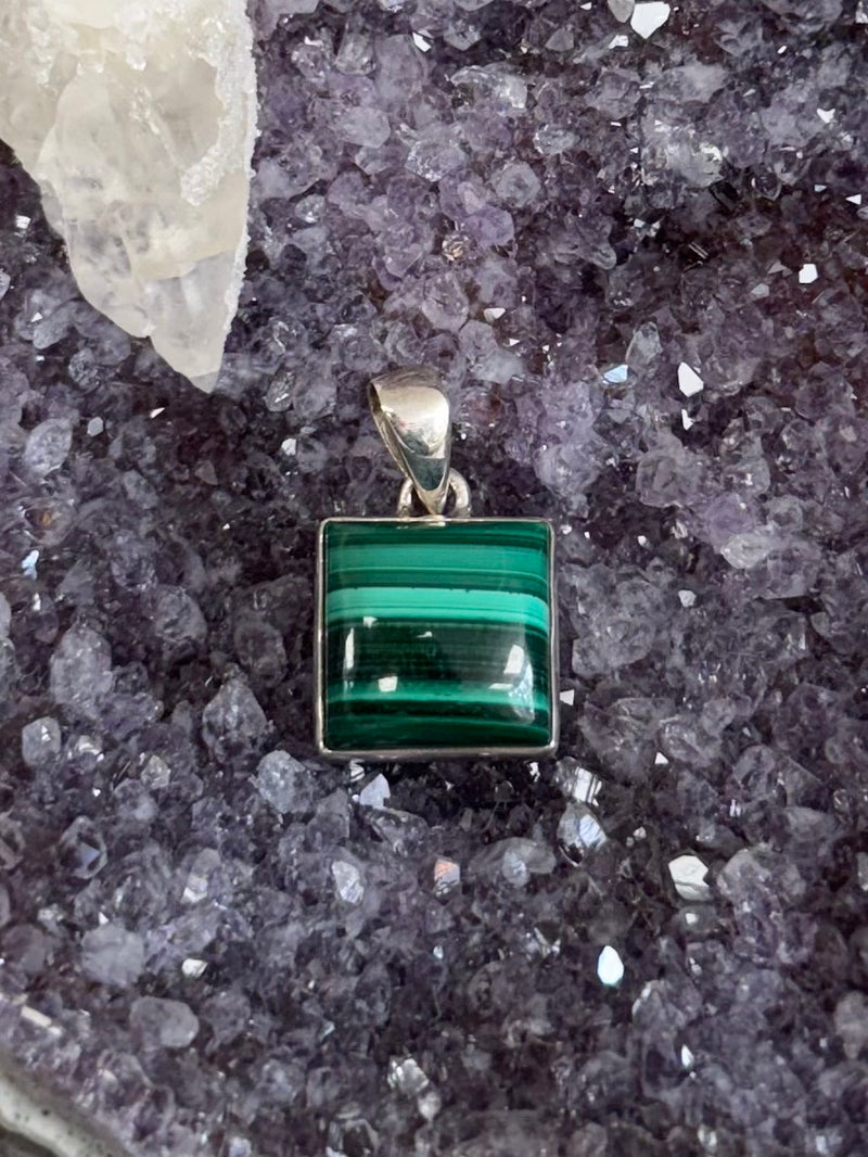 Sterling Silver Square Malachite Pendant - B