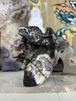 Dendritic Zebra Calcite Dragon and Skull Carving