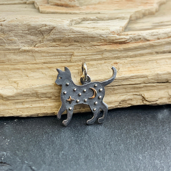 Sterling Silver Cat Charm with Bronze Star and Moon