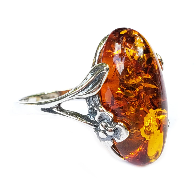 Cognac Amber Delicate Floral Silver Work Ring