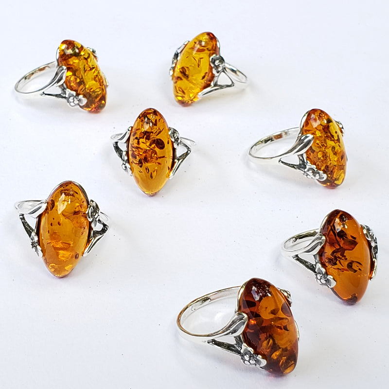Cognac Amber Delicate Floral Silver Work Ring
