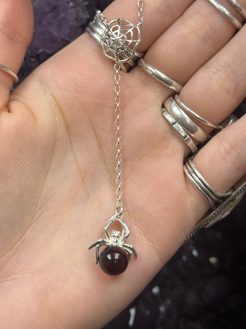 Spider on a Spider Web Necklace Cherry Amber