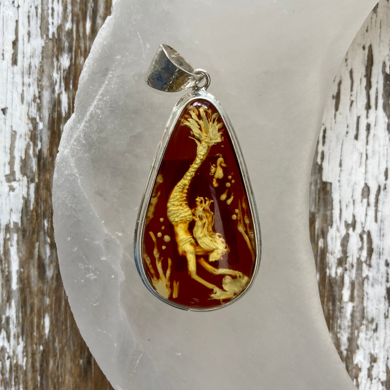 Hand Carved Amber 925 Silver Mermaid Dive .Cameo Pendant