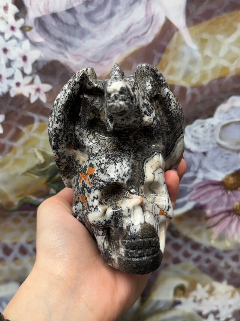 Dendritic Zebra Calcite Dragon and Skull Carving