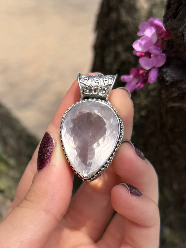 Ornate Lavender Quartz Sterling Silver Teardrop Pendant