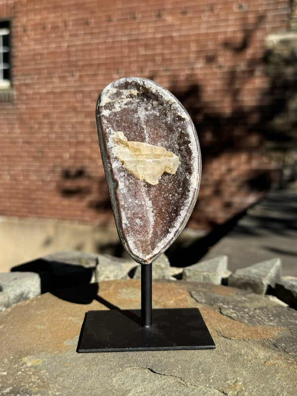 Natural Rainbow Amethyst with Calcite on Stand