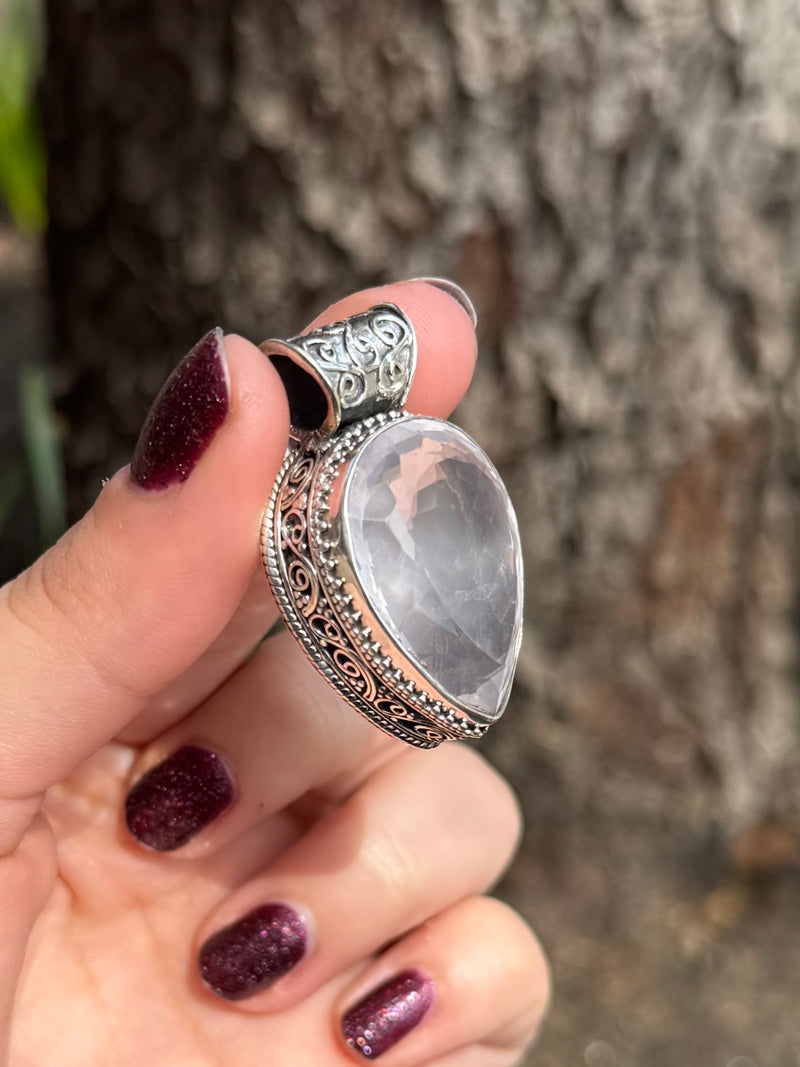 Ornate Lavender Quartz Sterling Silver Teardrop Pendant