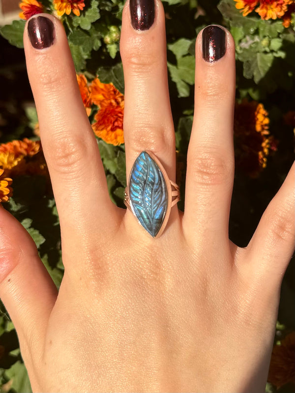 Carved Marquise Labradorite Sterling Silver Ring - Size 7