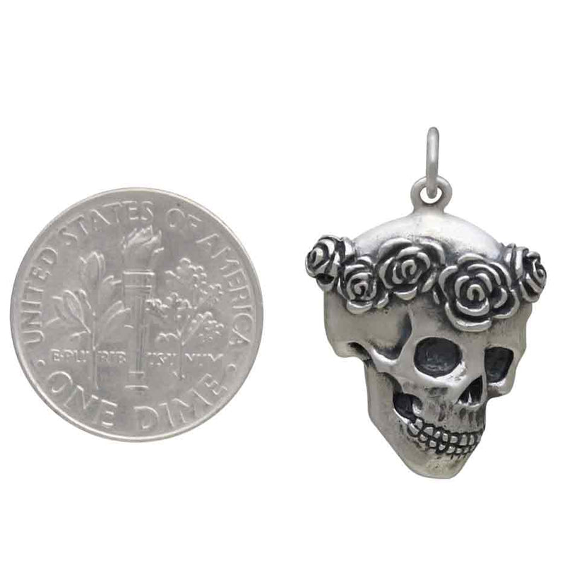 Sterling Silver Skull with Rose Crown Pendant
