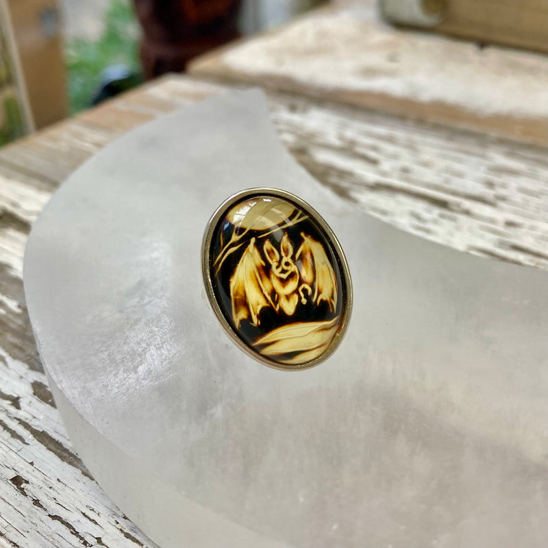 Amber Cameo/Intaglio Bat Adjustable Silver Ring