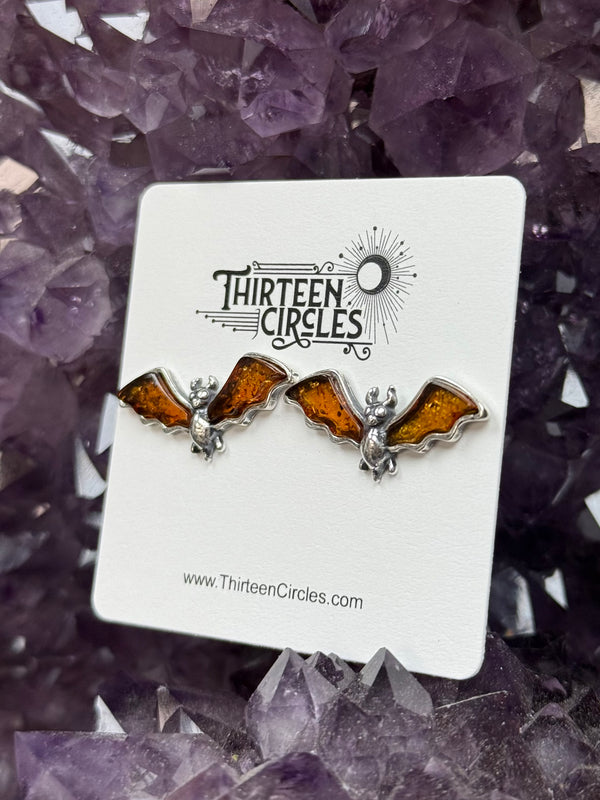 Cognac Amber Small Bat Stud Earrings