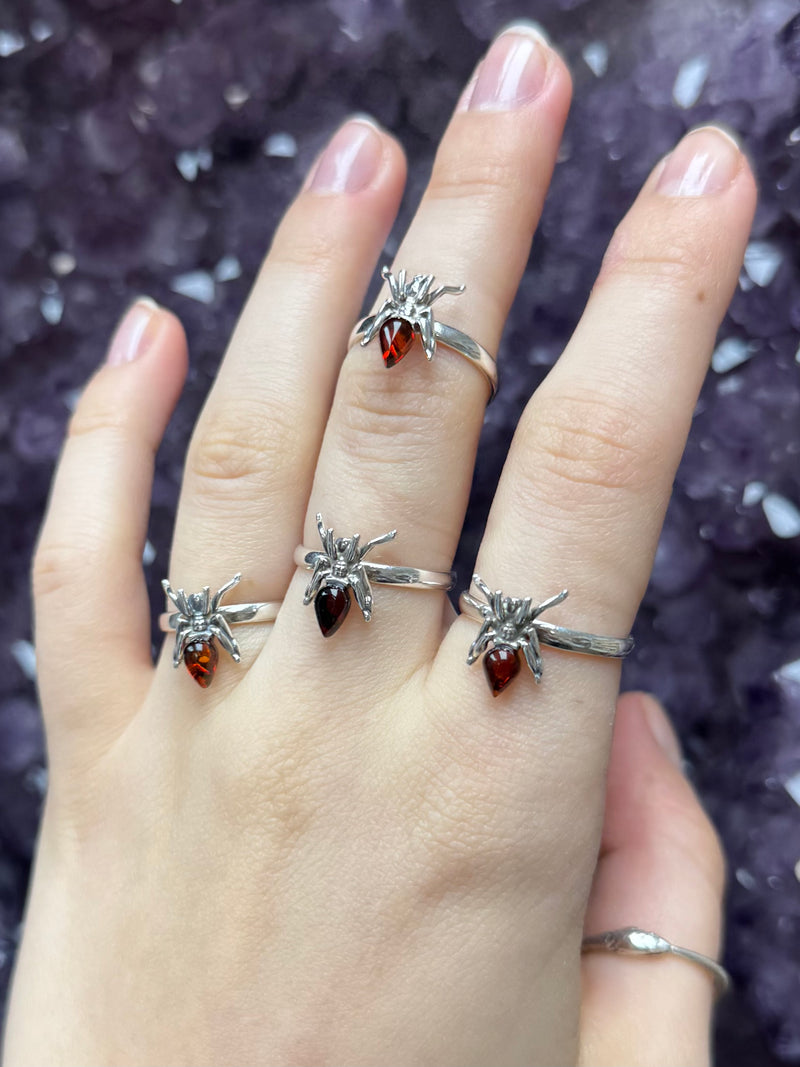 Amber Sterling Silver Spider Ring