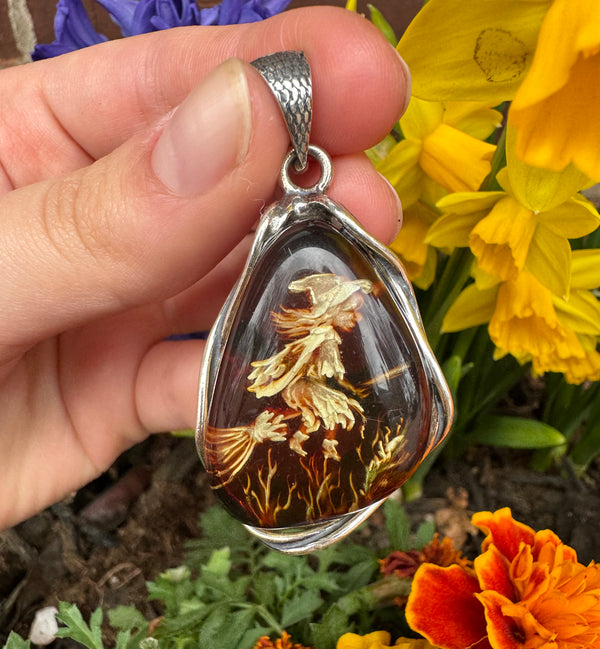 Witch Cameo Baltic Amber Sterling Silver Pendant