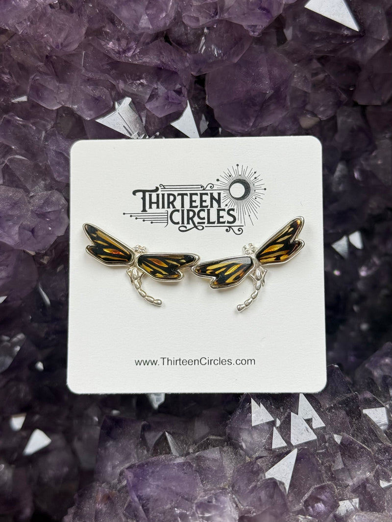 Cameo Amber Sterling Silver Dragonfly Stud Earrings