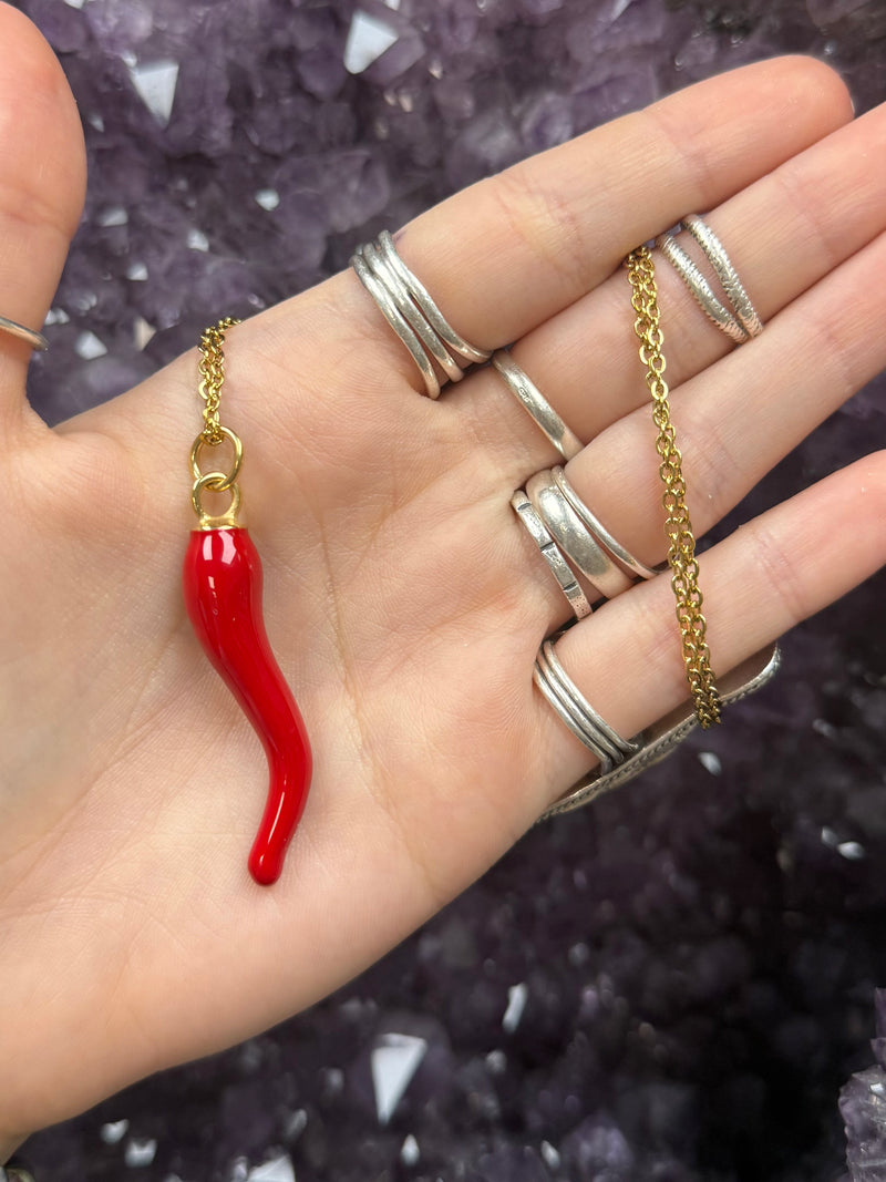 Cornicello- Italian Horn Necklace- Protection and Passion: Gold and Red Enamel