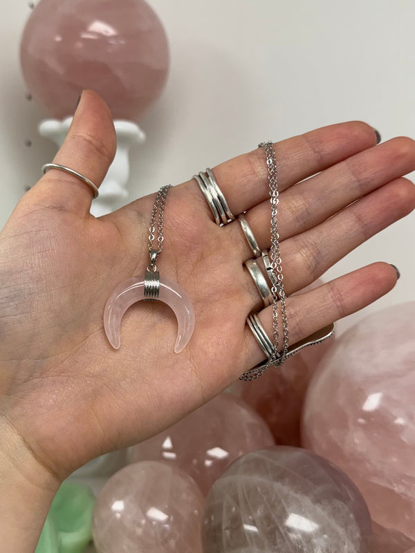 CRESCENT MOON NECKLACES: Rose Quartz