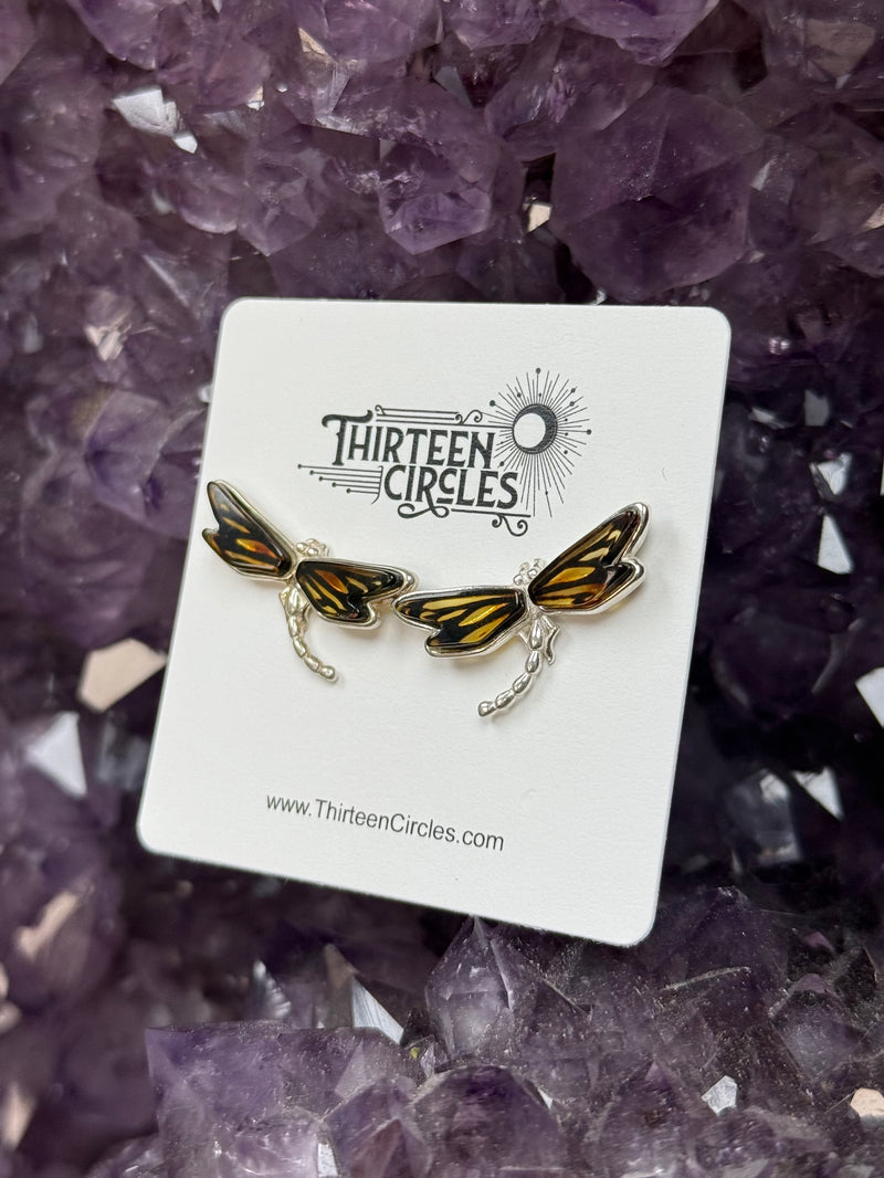 Cameo Amber Sterling Silver Dragonfly Stud Earrings