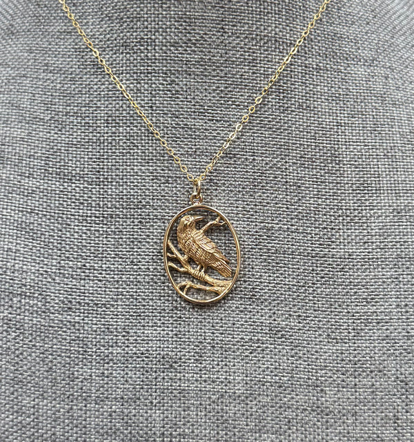 Bronze Raven Necklace with Gold Fill Chain